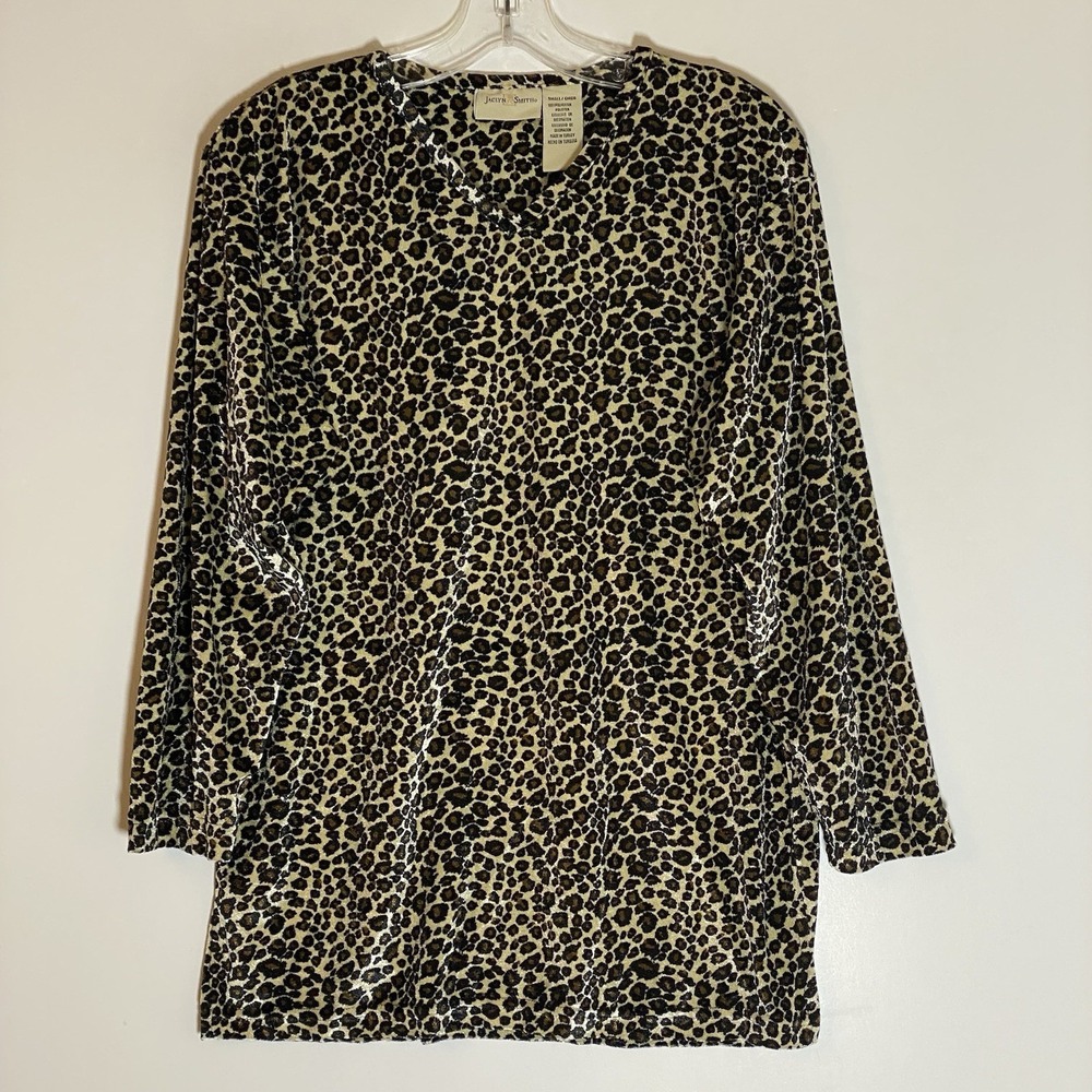 Jaclyn Smith Top Womens Small Leopard Velvet 3/4 Sleeve V Neck Classic Boho S